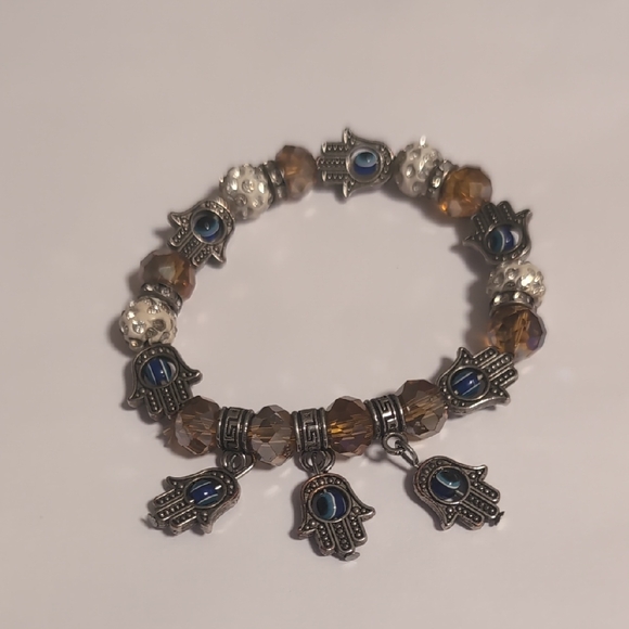 Silver and Brown‎ Translucent Pave Beaded Evil Eye Hamsa Charm Bracelet - Picture 1 of 5